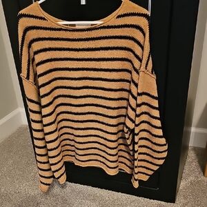 Promesa Tan and Black Striped Crew Neck Sweater